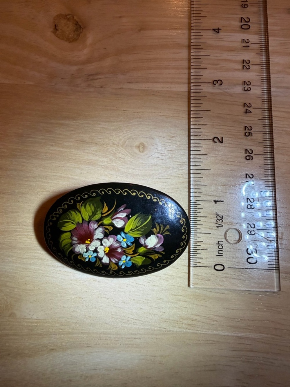 Vintage Russian Lacquer Black Hand-Painted Floral Oval Pin Brooch